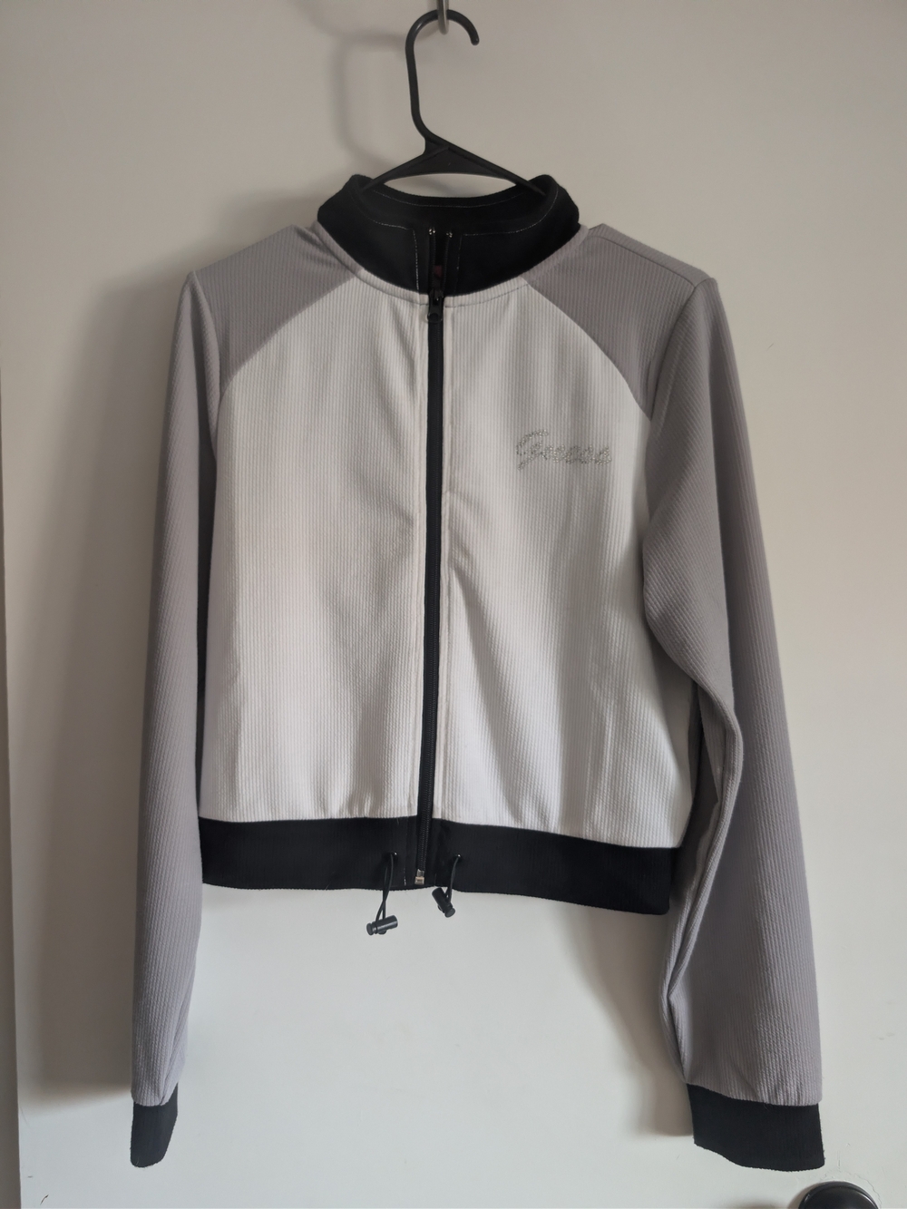 Guess Women's Light Gray and Black Zip-Front Bomber Jacket